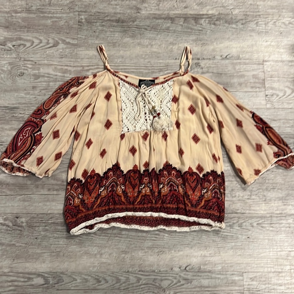 Angie Blouse, Small, Bohemian Rust Red Paisley Cold Shoulder Lace Accent